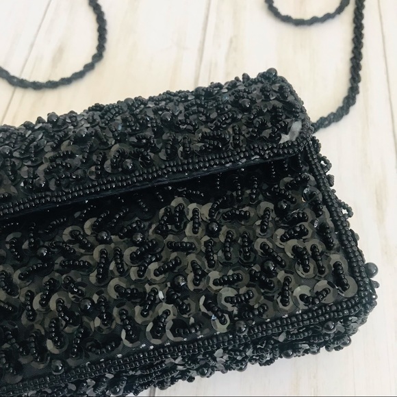 Black Sequined & Beaded Handbag with Long Beaded Strap - Picture 2 of 11